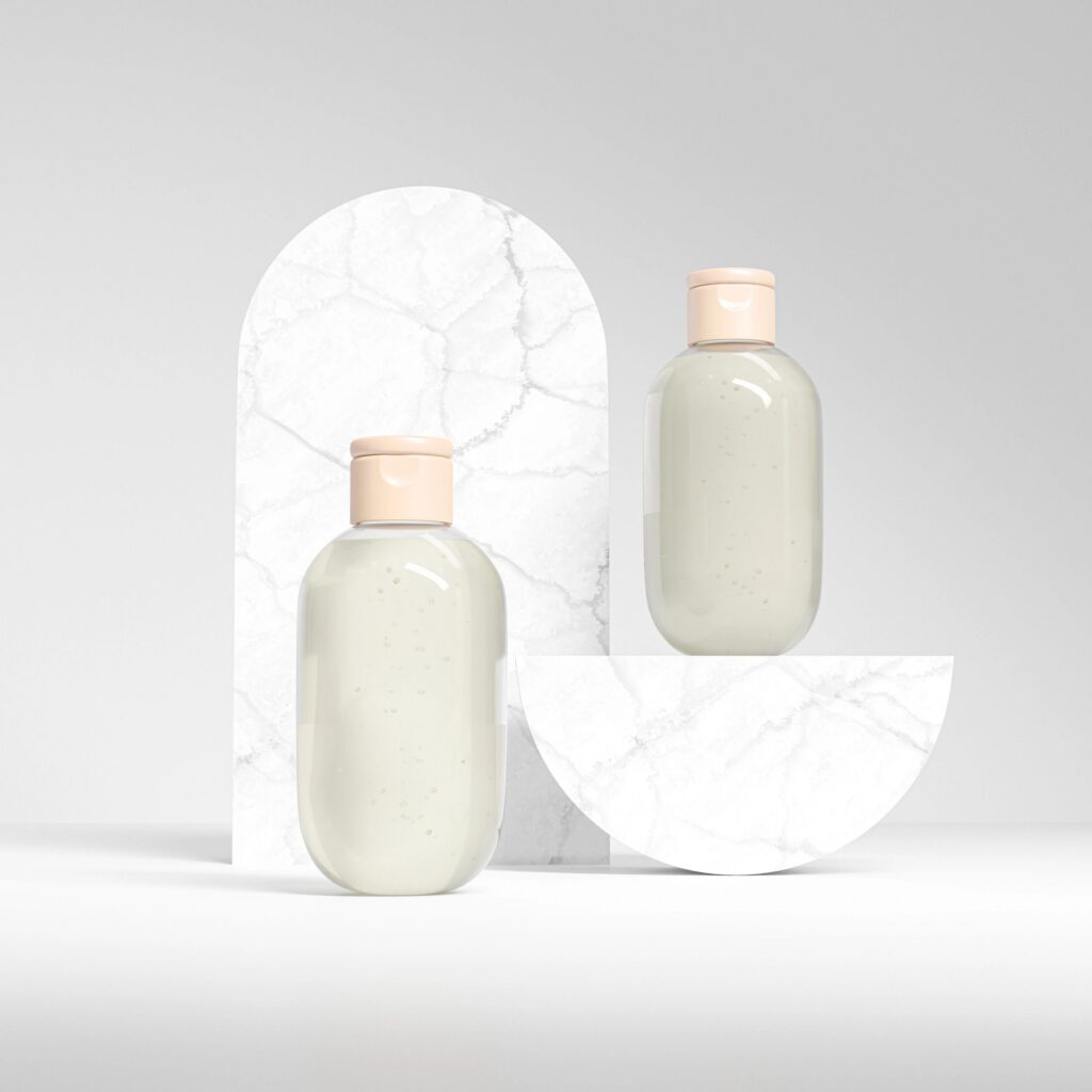cylindrical cosmetic bottle with wooden flip cap mockup, clear PET plastic shampoo packaging, small liquid soap container, short rounded skincare squeeze bottle, organic personal care product concept