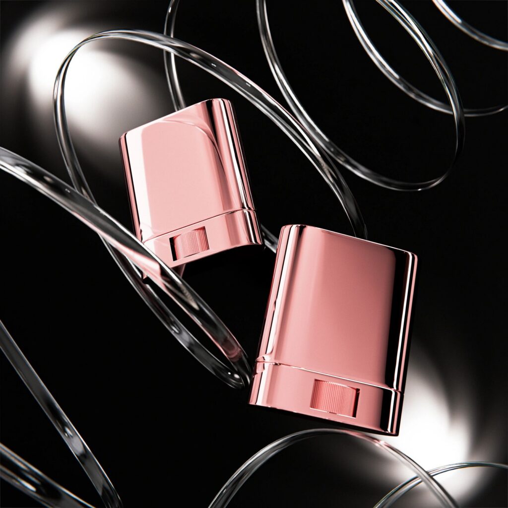 rose gold cosmetic Stick mockup, oval shape twist-up makeup stick with a thumbwheel dial, luxury metallic Push up makeup Tube Packaging, sleek Rotating cream blush container, electroplating packaging