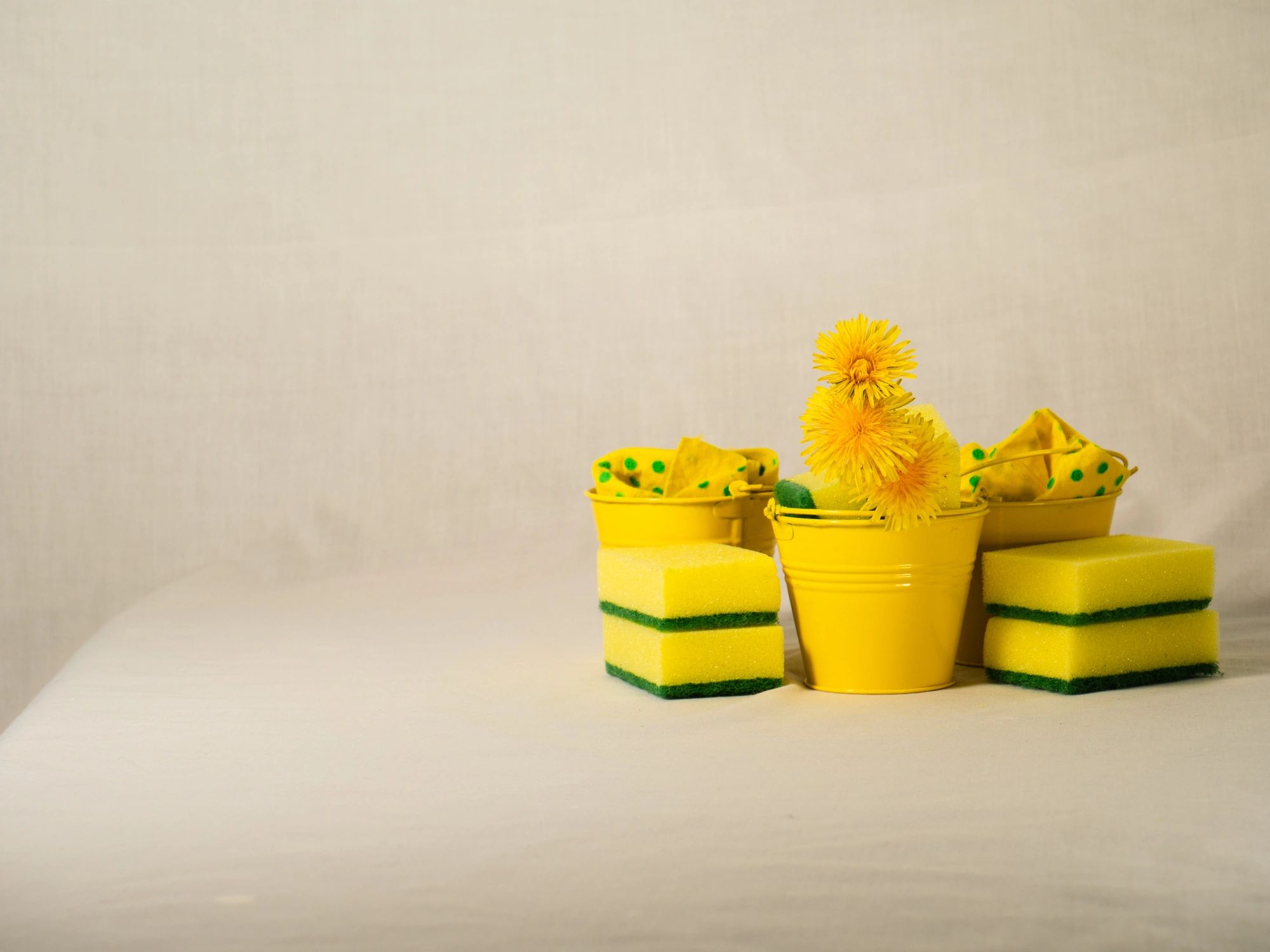 Cleaning buckets, sponges, and cloths arranged for spring cleaning