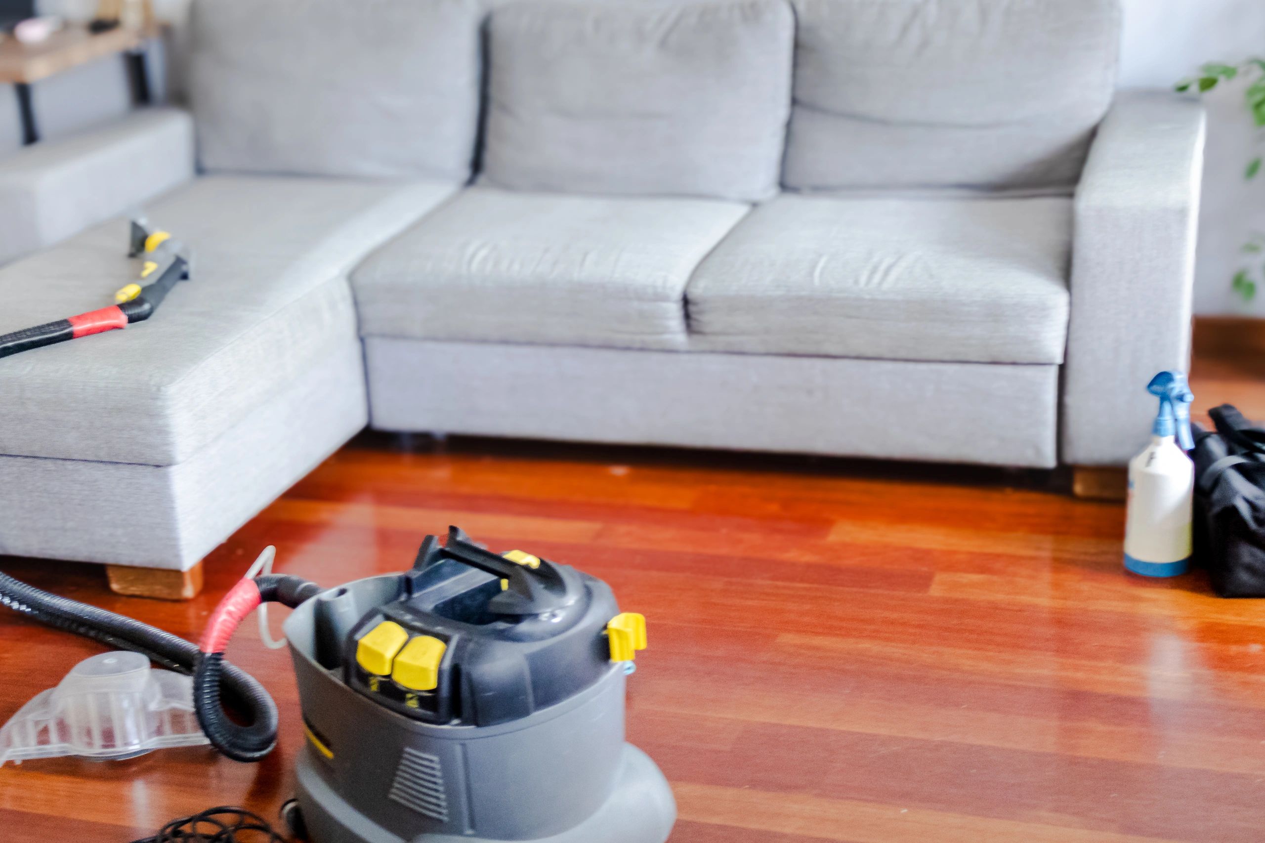 Professional upholstery cleaning equipment beside a sofa in a modern home