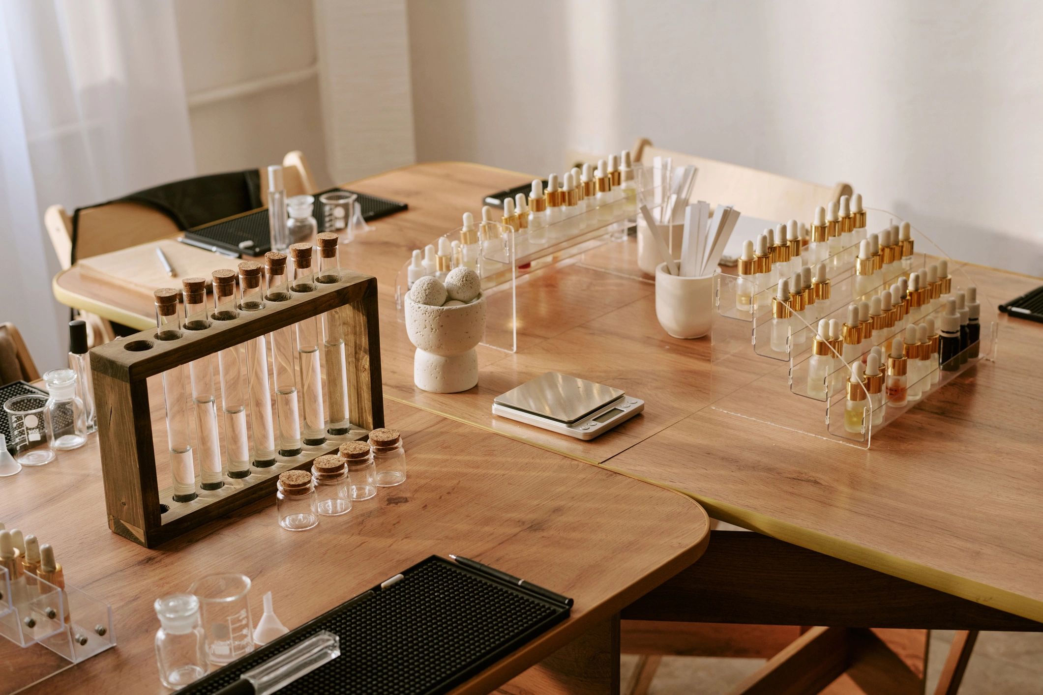 Premium formulation lab scene with bottles and testing tools